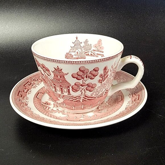 Spode Red Willow Cup and Saucer Set Archive Collection Cranberry Repro England - Picture 1 of 13